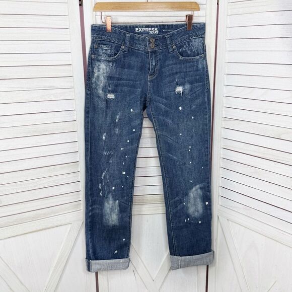Express Distressed Bleach Splatter Baggy Straight Leg Boyfriend Jeans Blue 2 - Picture 1 of 13